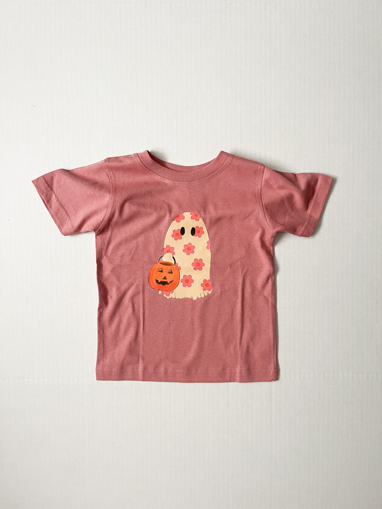 Kid's Mauve Tee | Floral Ghost With Pumpkin Bucket